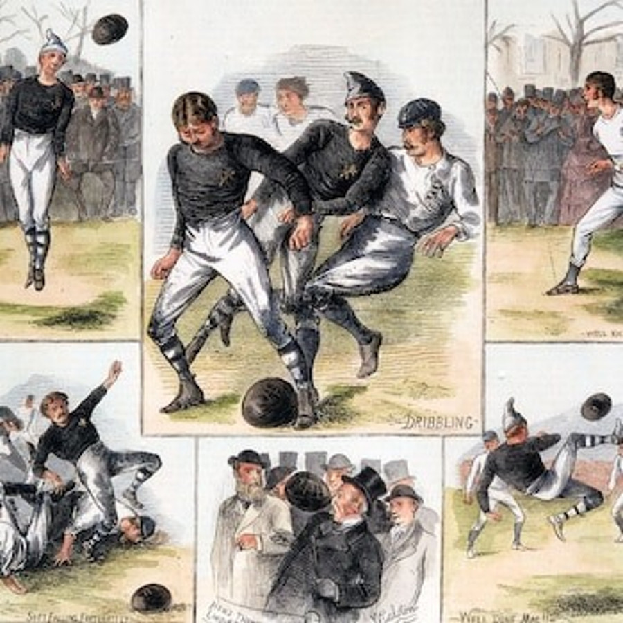 Bức tranh mô tả cuộc thi đấu bóng đá quốc tế đầu tiên vào năm 1872 giữa Anh và Scotland. nguon-goc-mon-the-thao-vua-2.jpg
