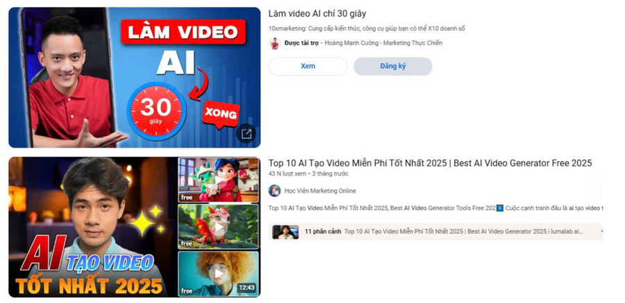 Nhiều video hướng dẫn tạo nội dung bằng AI xuất hiện trên YouTube. Ảnh chụp màn hình