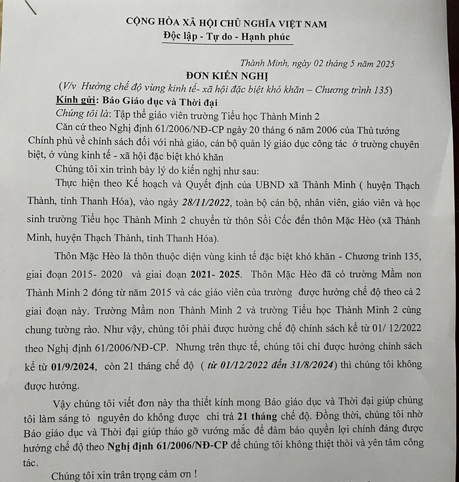Đơn kiến nghị giáo viên gửi đến Báo GD&TĐ. vi-sao-khong-duoc-huong-chinh-sach-1.jpg