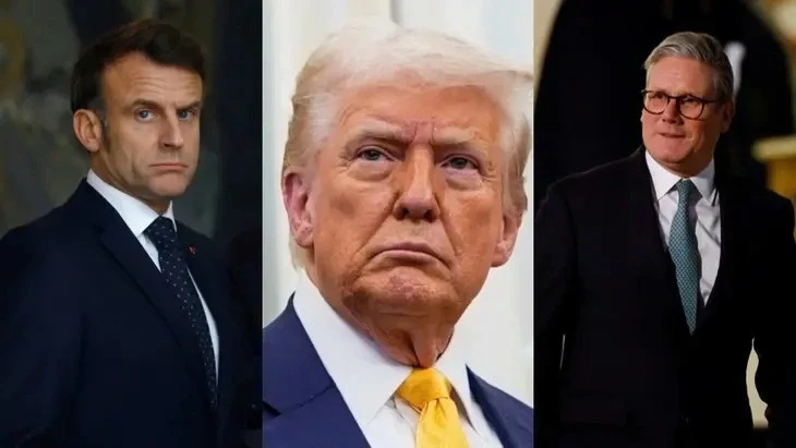 Tổng thống Mỹ Donald Trump (giữa), Tổng thống Pháp Emmanuel Macron (trái) và Thủ tướng Anh Keir Starmer. Ảnh: REUTERS