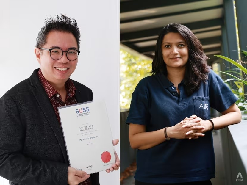 William Low (left) has a master's degree in management and Nivedita Venkateish (right) has an MBA. Photo: CNA bang-thac-si-khong-con-la-tam-ve-vang-1.jpg