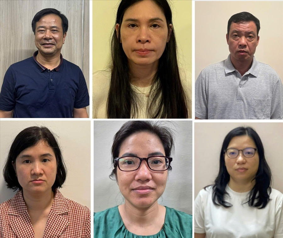 Nghiêm Quốc Hưng, Phạm Thị Hạnh, Nguyễn Đình Thám, Đặng Thị Phương, Trần Hồng Hạnh, Nguyễn Thị Cẩm Anh (từ trái qua phải theo chiều kim đồng hồ). Ảnh: BCA lo-cai-bat-tay-khet-let-giua-quan-chuc-va-doanh-nghiep-1.jpg