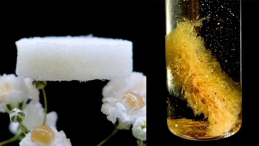 Các nhà nghiên cứu tại ETH Zurich đã phát triển một miếng bọt biển khí gel (trái) có thể tách vàng (phải) được sử dụng trong các thiết bị điện tử cũ. Ảnh: ETH Zurich