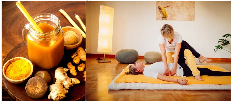 Nguyên liệu của Jamu (trái) và massage Nuad Thai.