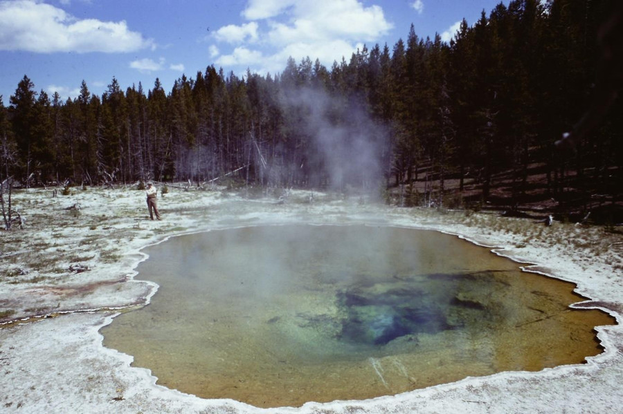 Ông Thomas Brock đứng cạnh suối Mushroom Spring ở Vườn quốc gia Yellowstone năm 1967. Ảnh: Thomas Brock/USGS