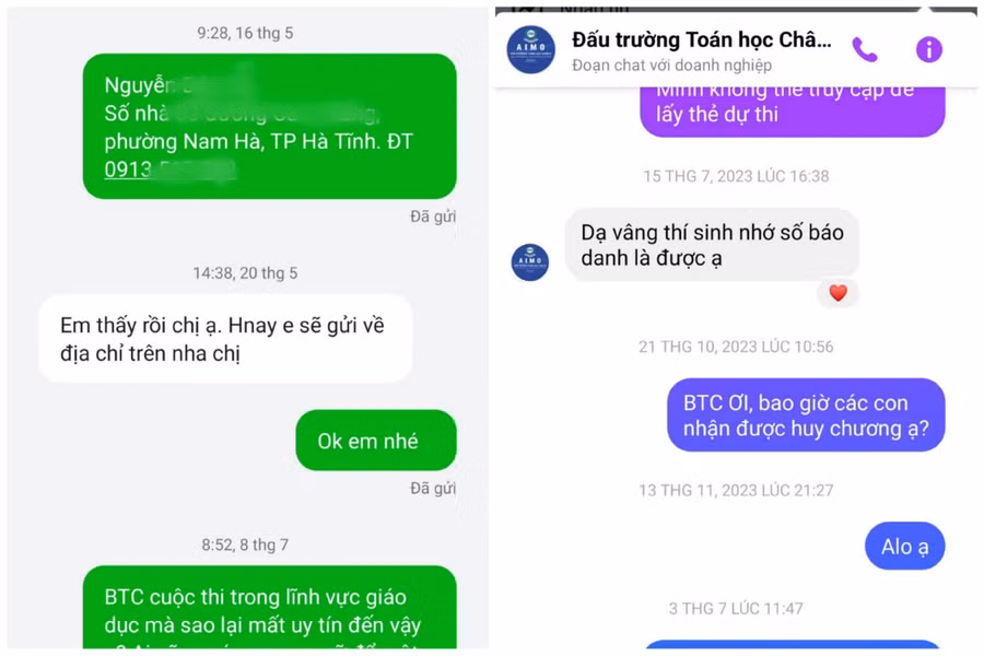 Phụ huynh nhiều lần liên hệ với Ban tổ chức Đấu trường Toán học Châu Á - AIMO 2023 không được phản hồi hoặc hứa rồi không thực hiện.
