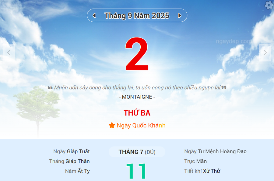 Lịch âm 2/9 - Xem lịch âm ngày 2/9