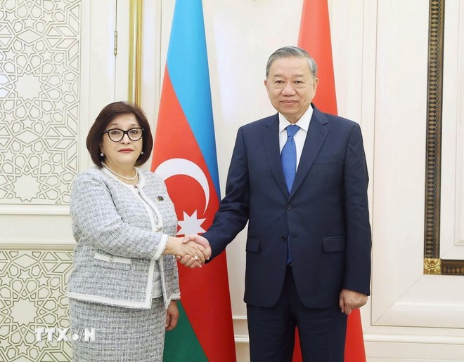 Tổng Bí thư Tô Lâm hội kiến Chủ tịch Quốc hội Azerbaijan Sahiba Gafarova. (Ảnh: Thống Nhất/TTXVN). Tổng Bí thư Tô Lâm hội kiến Chủ tịch Quốc hội Azerbaijan Sahiba Gafarova. (Ảnh: Thống Nhất/TTXVN).