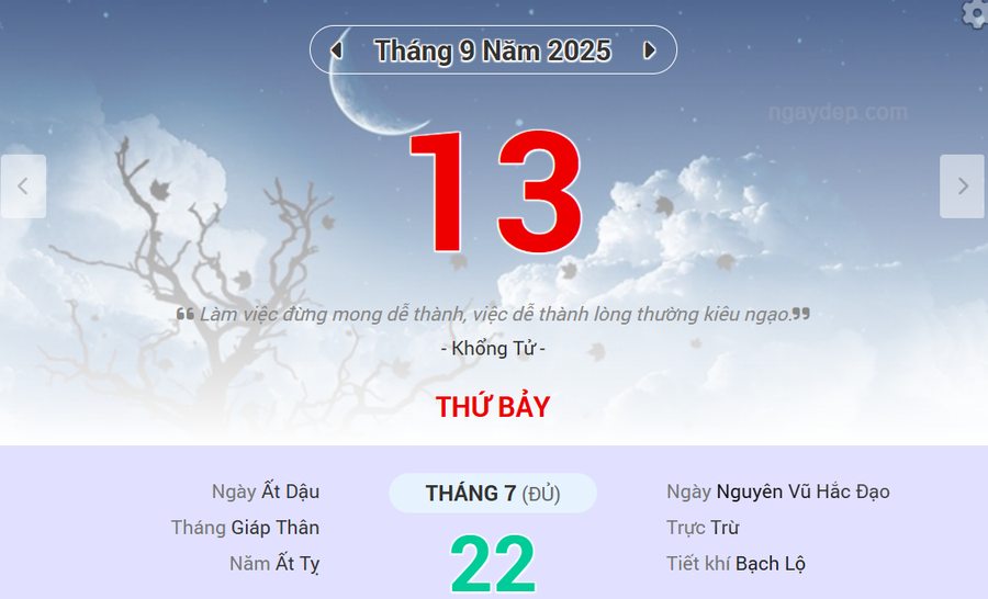 Lịch âm 13/9 - Xem lịch âm ngày 13/9