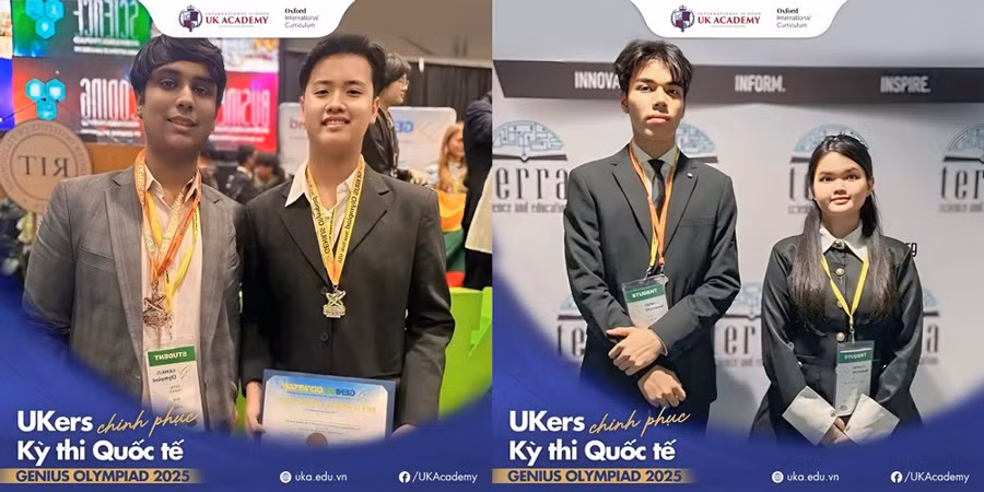 Gia Bảo và Thanh Trúc là hai đại diện xuất sắc của UKA Bình Thạnh đạt huy chương khi giải quyết những vấn đề toàn cầu. Ảnh: Thí sinh cung cấp