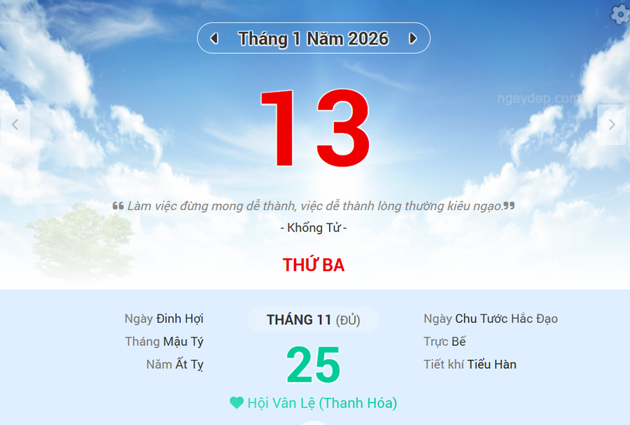 Lịch âm 13/1 - Xem lịch âm ngày 13/1/2026