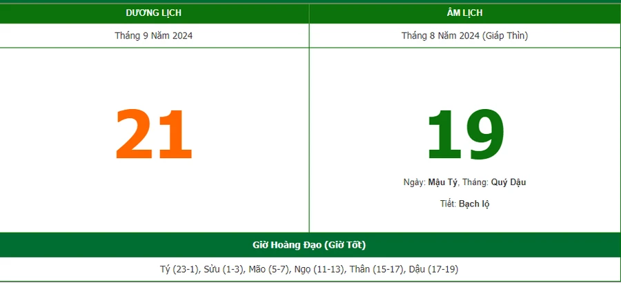 Lịch âm 21/9 - Xem lịch âm ngày 21/9