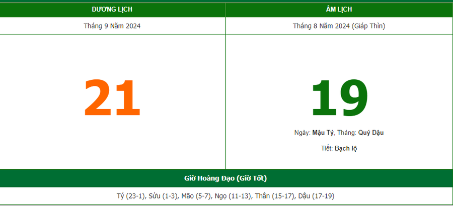 Lịch âm 21/9 - Xem lịch âm ngày 21/9