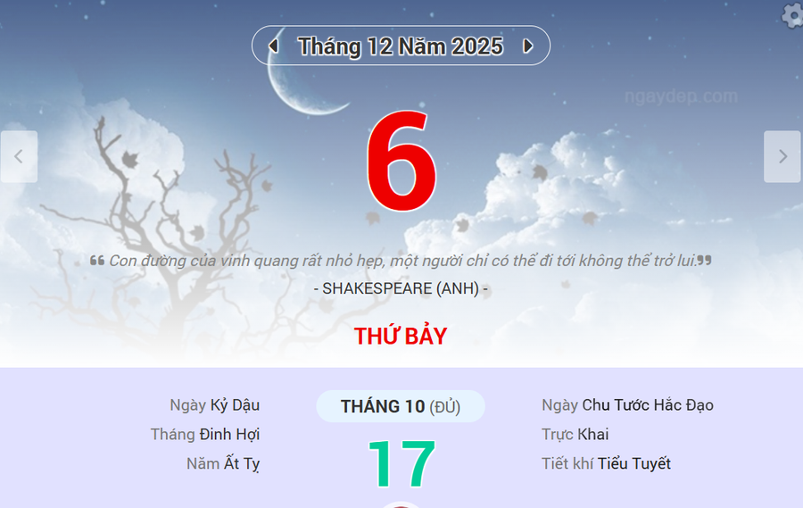 Lịch âm 6/12 - Xem lịch âm ngày 6/12