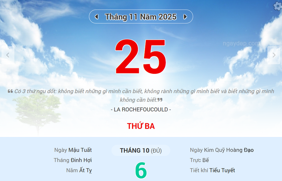 Lịch âm 25/11 - Xem lịch âm ngày 25/11