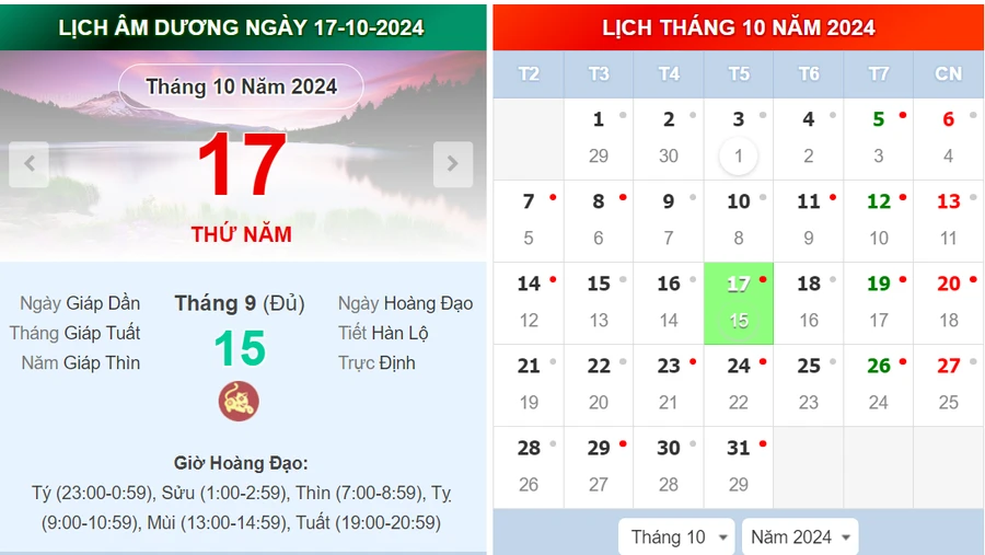 Lịch âm 17/10 - Xem lịch âm ngày 17/10