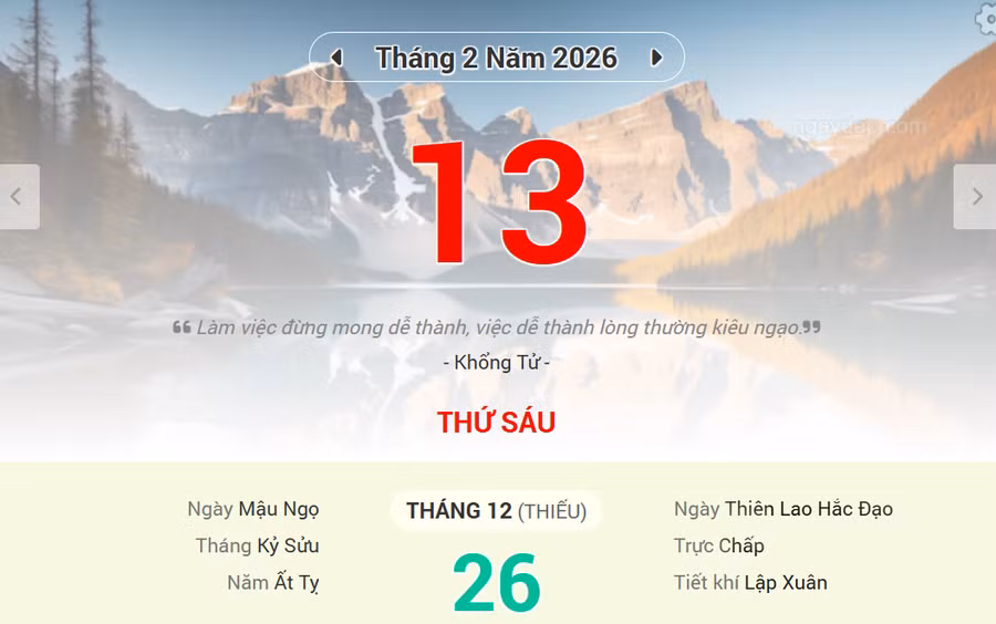 Lịch âm 13/2 - Xem lịch âm ngày 13/2/2026