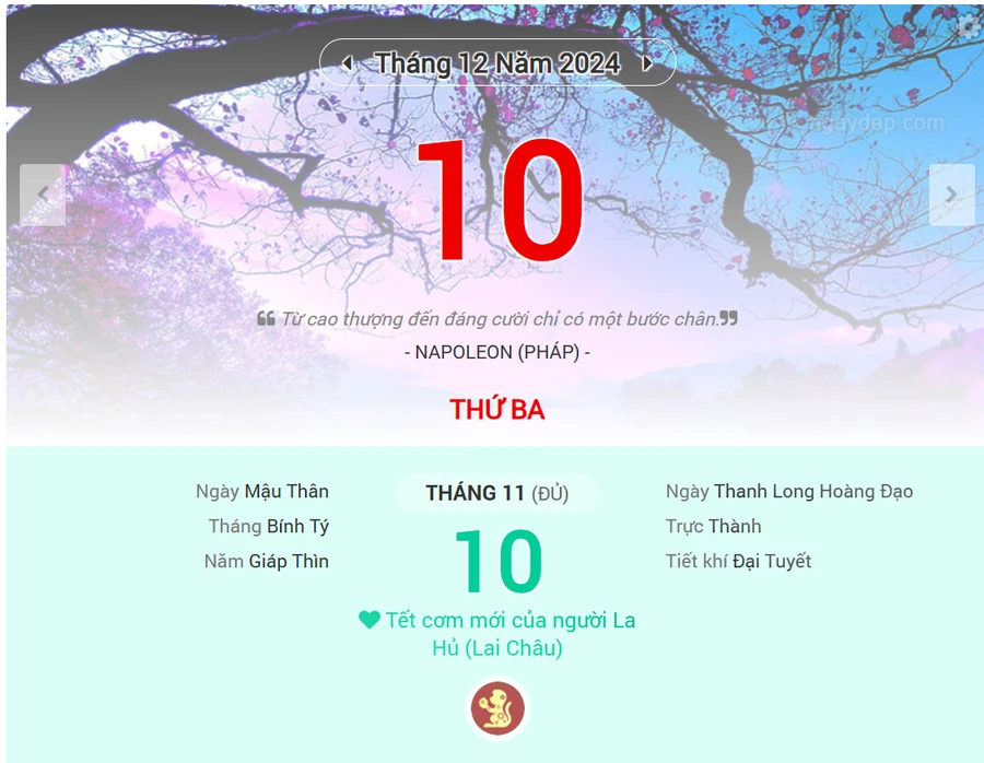 Lịch âm 10/12 - Xem lịch âm ngày 10/12