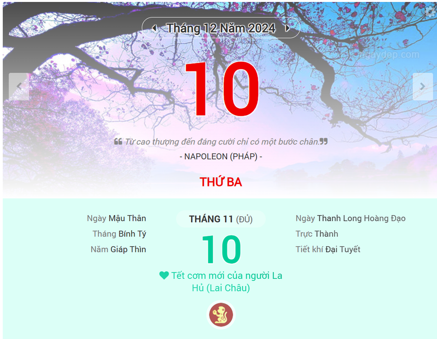 Lịch âm 10/12 - Xem lịch âm ngày 10/12