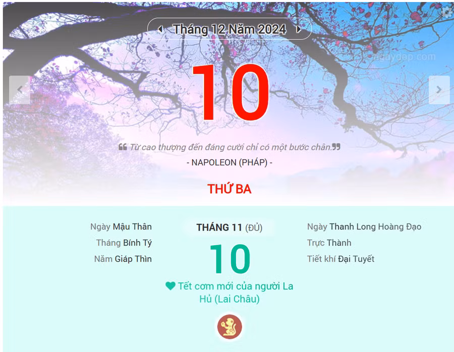 Lịch âm 10/12 - Xem lịch âm ngày 10/12