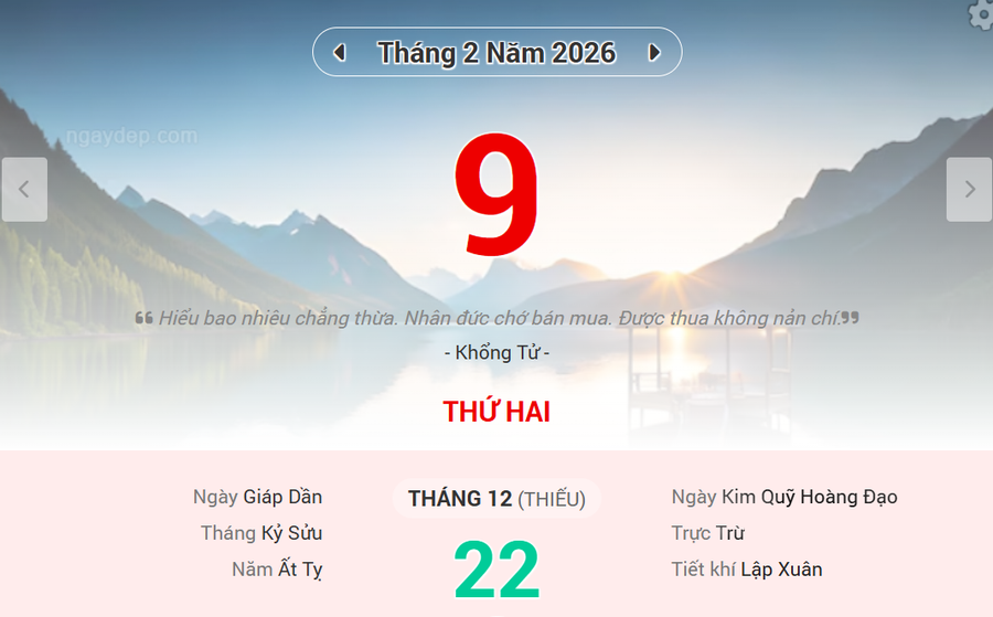 Lịch âm 9/2 - Xem lịch âm ngày 9/2/2026