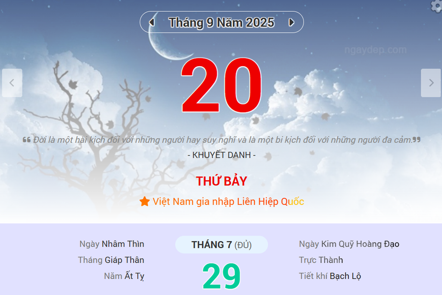 Lịch âm 20/9 - Xem lịch âm ngày 20/9
