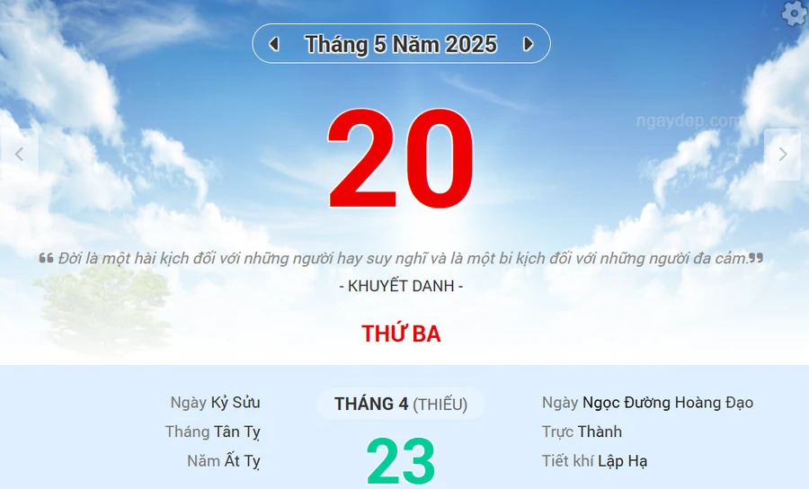 Lịch âm 20/5 - Xem lịch âm ngày 20/5