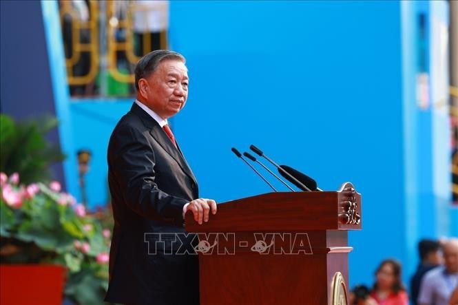 Tổng Bí thư Tô Lâm đọc diễn văn Kỷ niệm 50 năm Ngày Giải phóng miền Nam, thống nhất đất nước. (Ảnh: TTXVN)