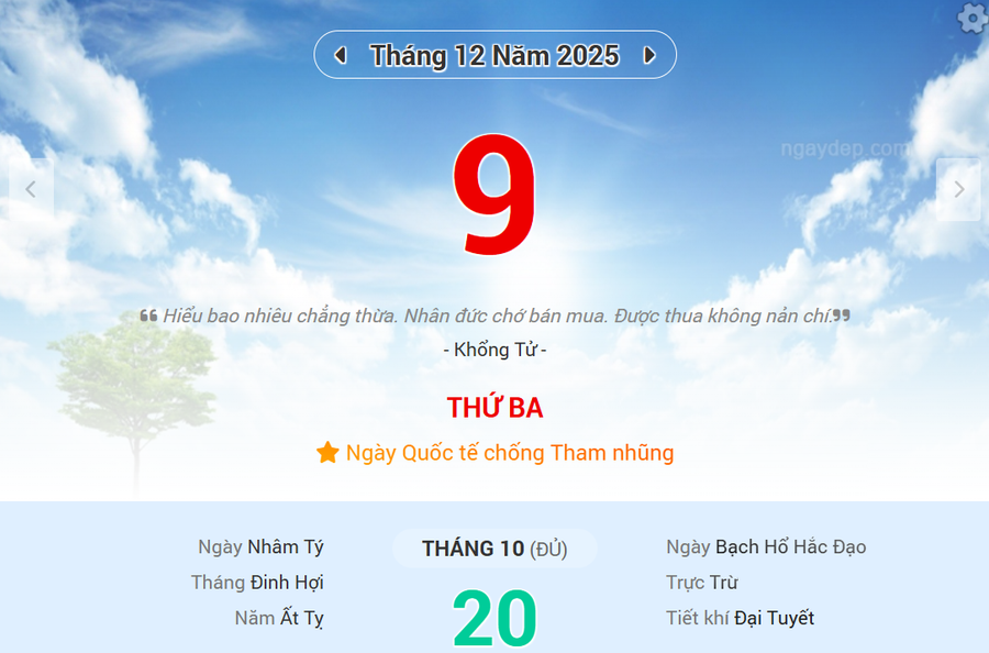 Lịch âm 9/12 - Xem lịch âm ngày 9/12