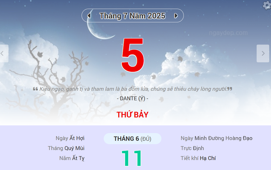 Lịch âm 5/7 - Xem lịch âm ngày 5/7