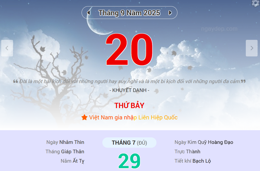 Lịch âm 20/8 - Xem lịch âm ngày 20/8