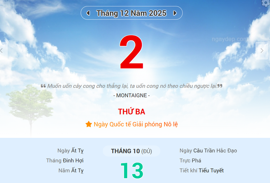 Lịch âm 2/12 - Xem lịch âm ngày 2/12