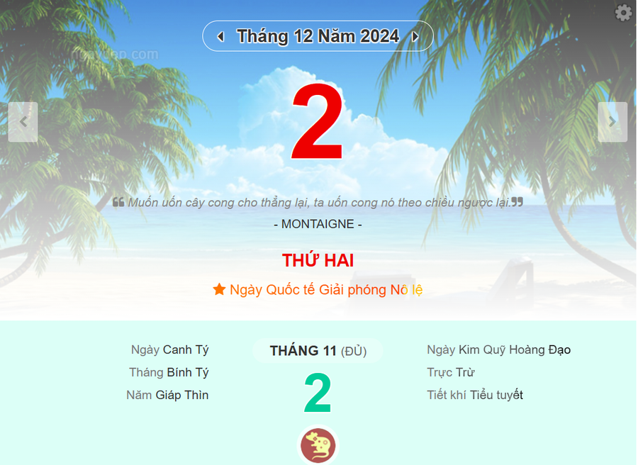 Lịch âm 2/12 - Xem lịch âm ngày 2/12 