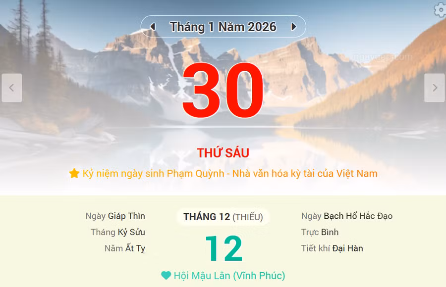 Lịch âm 30/1 - Xem lịch âm ngày 30/1/2026