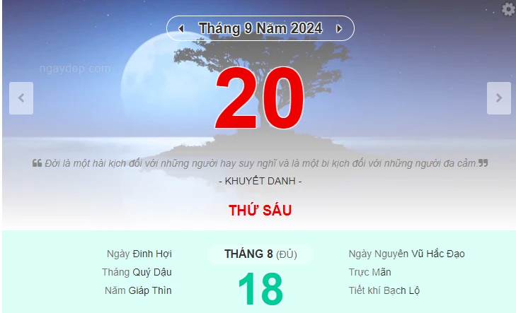 Lịch âm 20/9 - Xem lịch âm ngày 20/9 