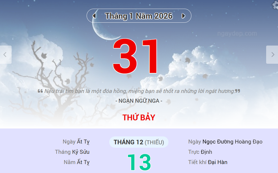 Lịch âm 31/1 - Xem lịch âm ngày 31/1/2026