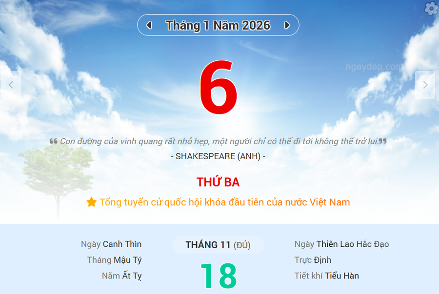 Lịch âm 6/1 - Xem lịch âm ngày 6/1/2026