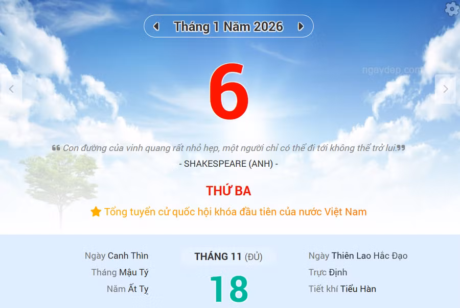 Lịch âm 6/1 - Xem lịch âm ngày 6/1/2026