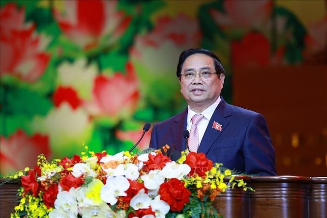 Thủ tướng Phạm Minh Chính, Chủ tịch Hội đồng Thi đua - Khen thưởng Trung ương phát biểu khai mạc Đại hội Thi đua yêu nước lần thứ XI. Ảnh: Dương Giang/TTXVN