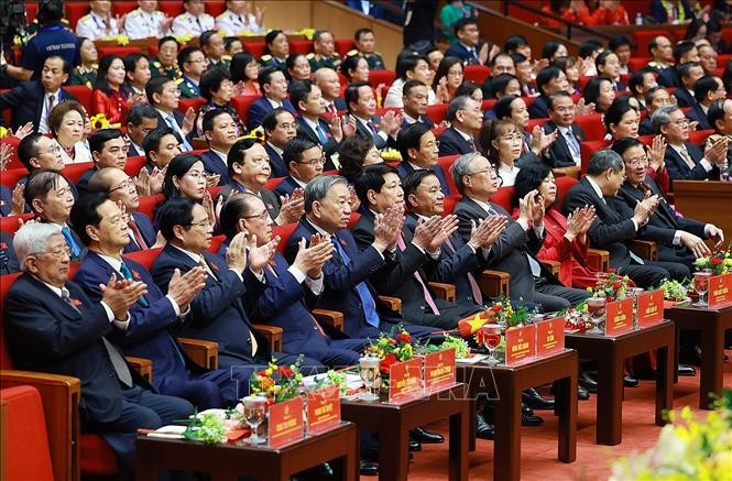 Tổng Bí thư Tô Lâm cùng các đại biểu tham dự Đại hội Thi đua yêu nước lần thứ XI. Ảnh: Dương Giang/TTXVN