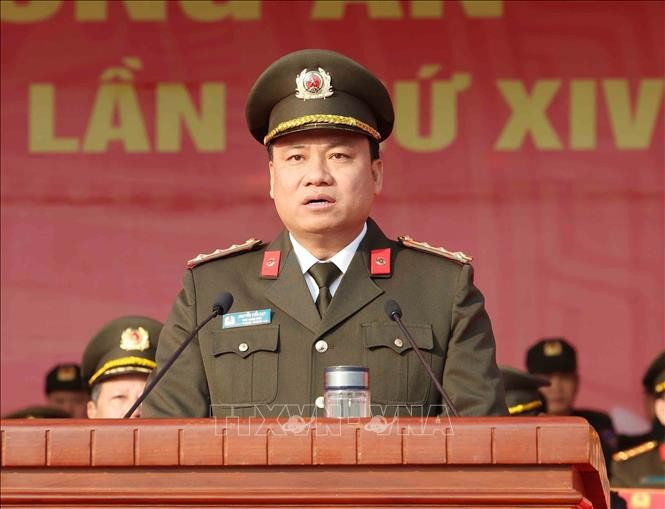 Đại tá Nguyễn Tiến Đạt, Phó Giám đốc Công an thành phố Hà Nội phát biểu tại buổi lễ. Ảnh: Phương Hoa/TTXVN