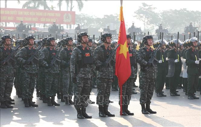 Các lực lượng tham gia Lễ xuất quân, diễn tập phương án bảo đảm an ninh, trật tự Đại hội đại biểu toàn quốc lần thứ XIV của Đảng. Ảnh: Phương Hoa/TTXVN