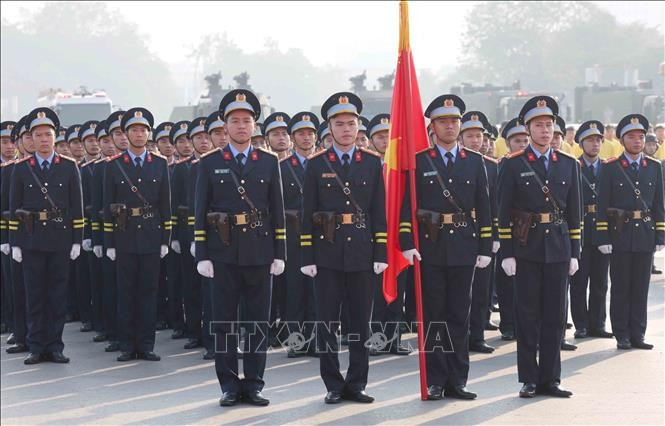 Các lực lượng tham gia Lễ xuất quân, diễn tập phương án bảo đảm an ninh, trật tự Đại hội đại biểu toàn quốc lần thứ XIV của Đảng. Ảnh: Phương Hoa/TTXVN