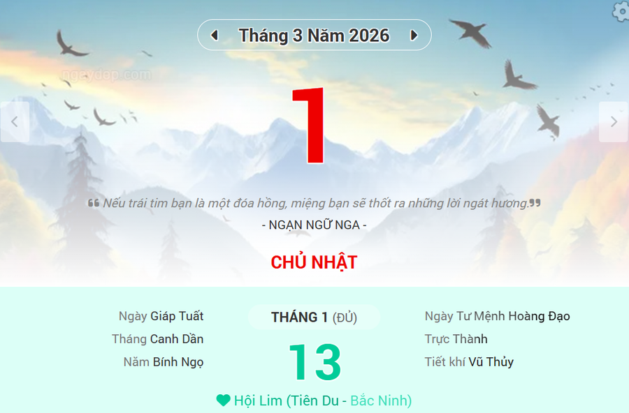 Lịch âm 1/3 - Xem lịch âm ngày 1/3