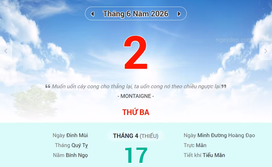 Lịch âm 2/6 - Xem lịch âm ngày 2/6