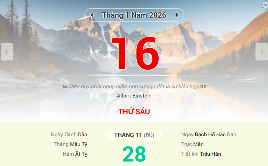 Lịch âm 16/1 - Xem lịch âm ngày 16/1/2026