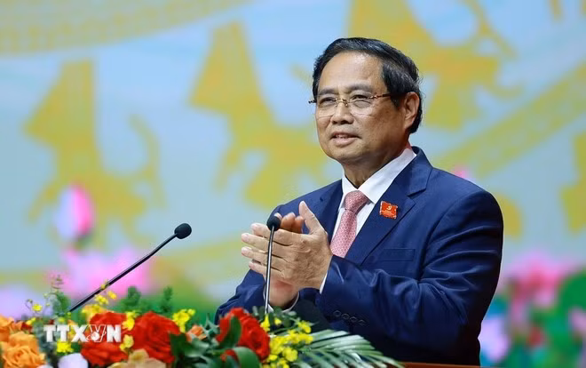 Đồng chí Phạm Minh Chính, Ủy viên Bộ Chính trị, Bí thư Đảng ủy, Thủ tướng Chính phủ phát biểu bế mạc Đại hội. (Ảnh: Văn Điệp/TTXVN)