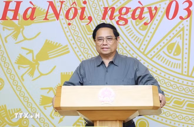 Thủ tướng Phạm Minh Chính phát biểu tại buổi làm việc với các doanh nghiệp xây dựng. (Ảnh: Dương Giang/TTXVN).