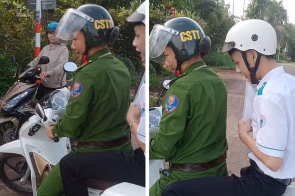 Công an xã "hộ tống" thí sinh ngủ quên đến điểm thi. (Ảnh cắt từ clip)