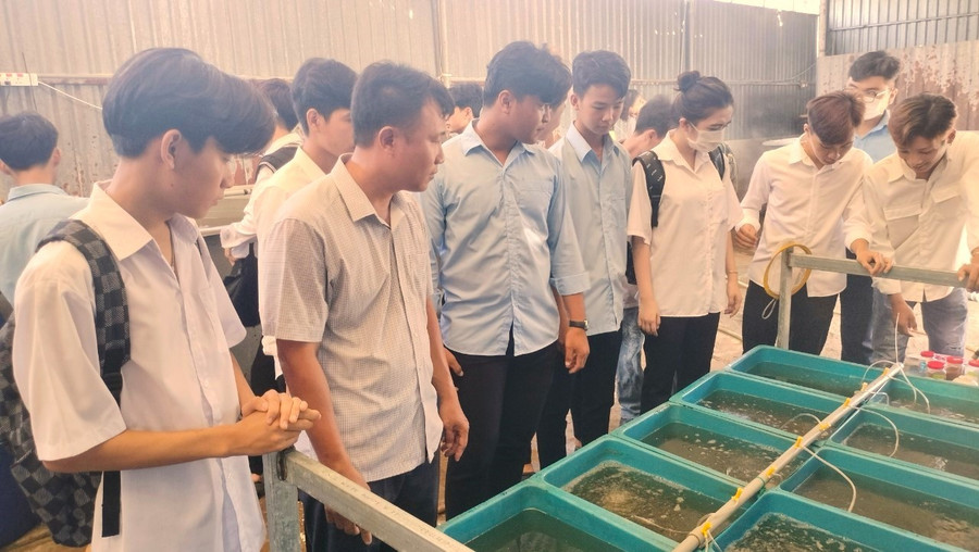 TS Nguyễn Việt Bắc cùng sinh viên tham quan trại sản xuất giống thủy sản. thay-giao-8x-dam-me-nghien-cuu-1.jpg